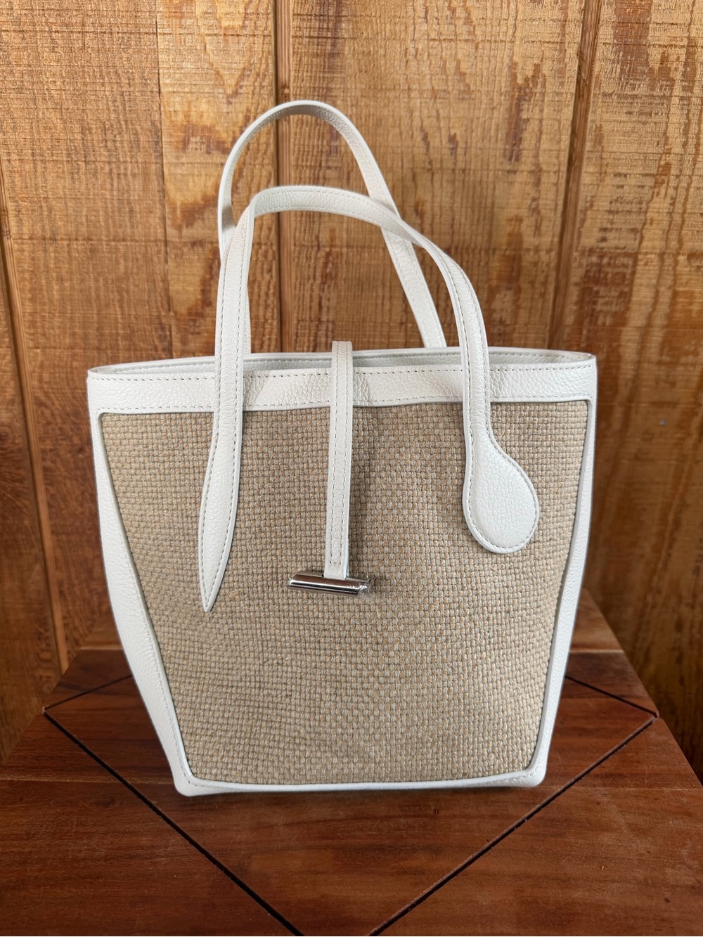 Natural Woven Crossbody Little Liffner bag with White leather Trim